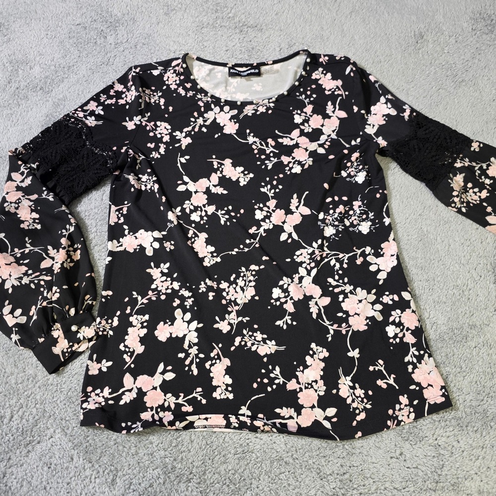 Karl Lagerfeld Womens XS Blouse Black‎ Floral Lace Pearl Crew Neck Long Sleeve